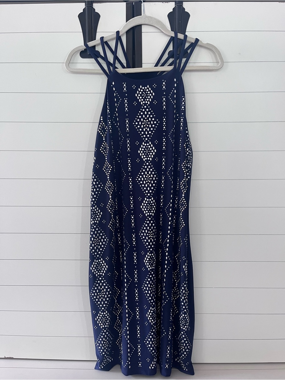 White House Black Market Embellished Rhinestone Strappy Dress w/ Geometric Print